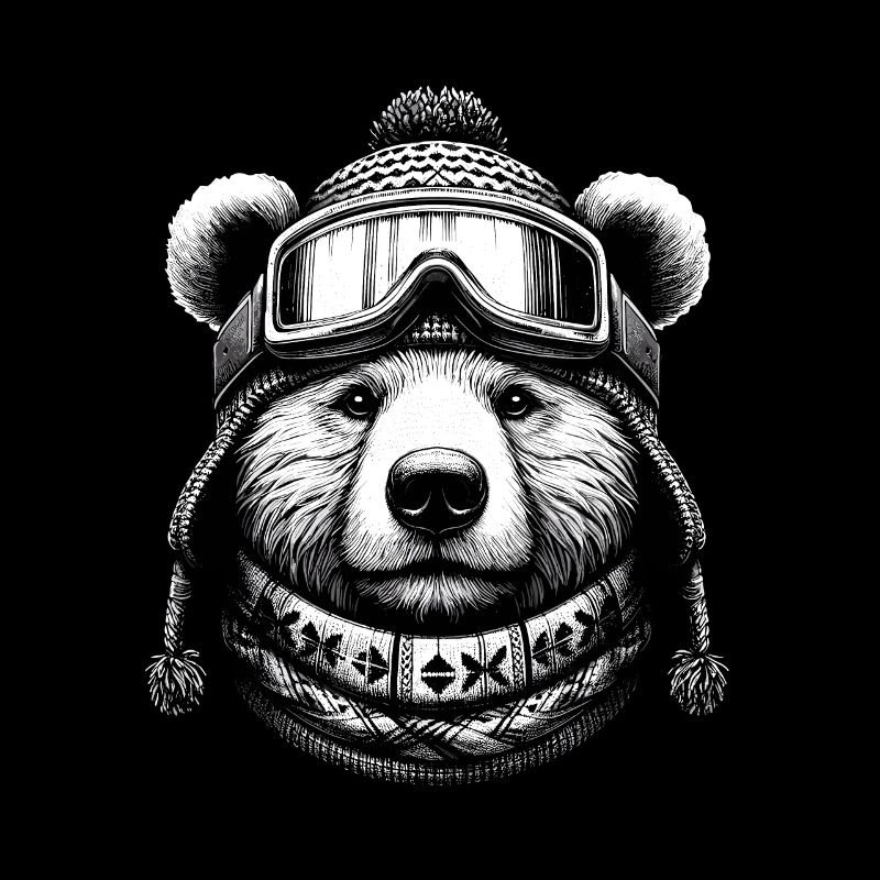Bear with ski goggles loves snowboarding and skiing