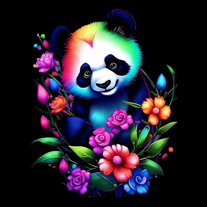 Regenbogenpanda mit Blumen Verträumte Fantasykunst