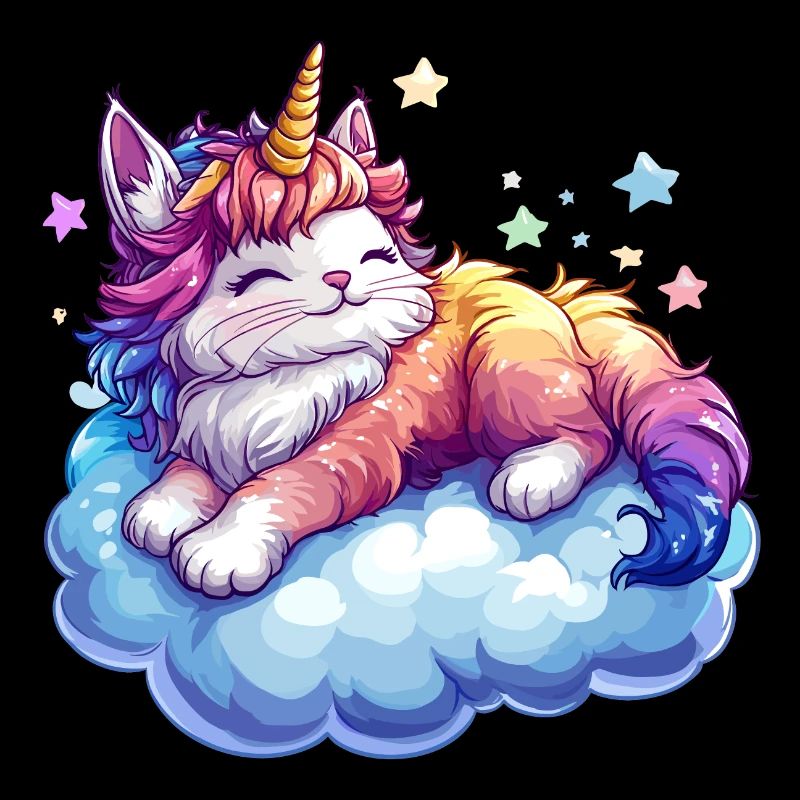 Eine Katze mit einem Einhornhorn auf einer Wolke