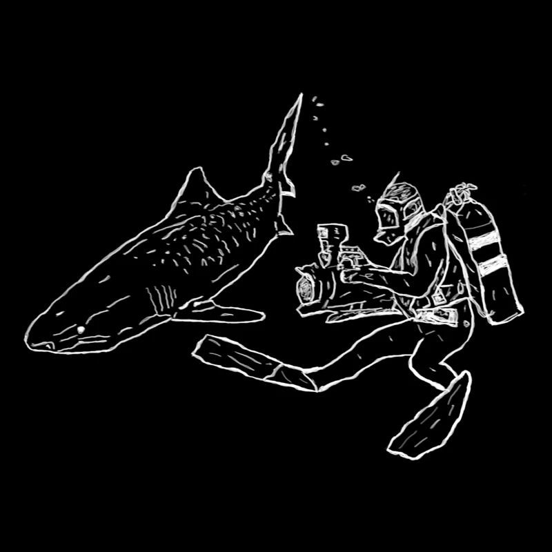 Shark with camera diver in white