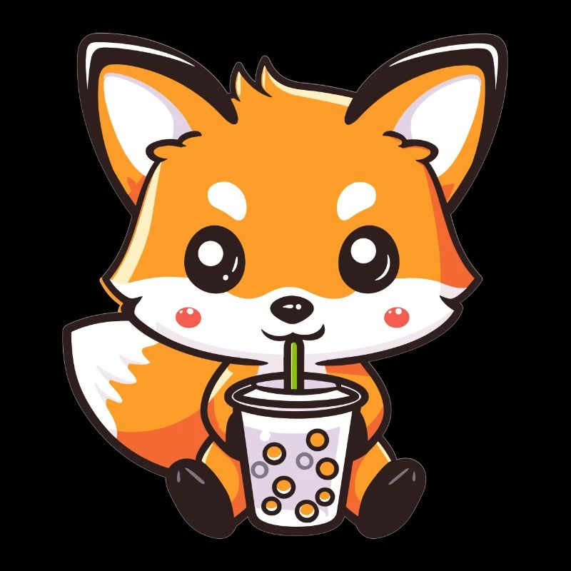 Kawaii Fox Drinking Bubble Tea Boba Anime Cute