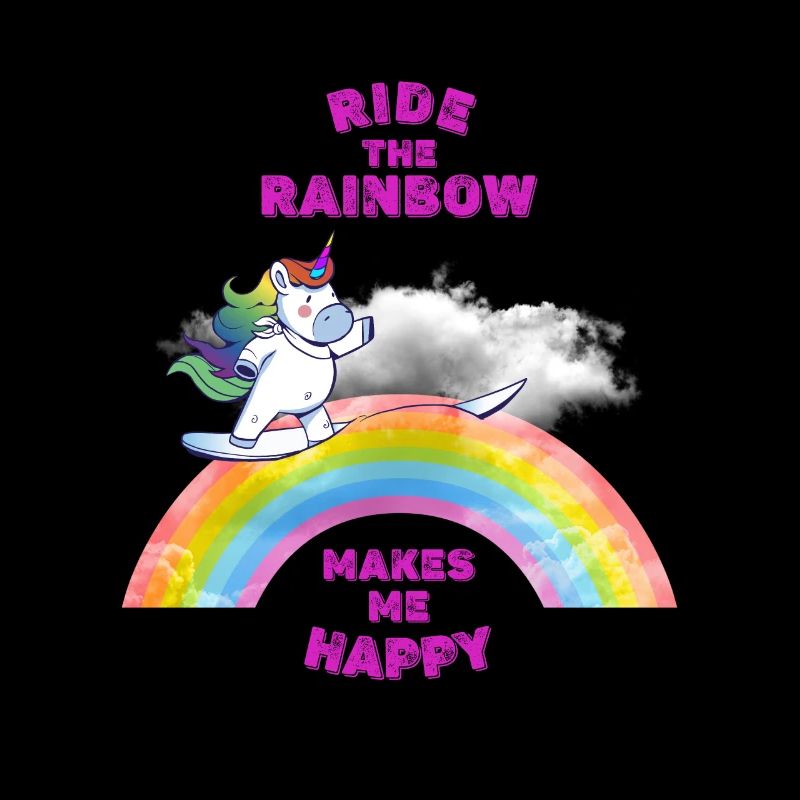 Einhorn surft auf einem Regenbogen.
