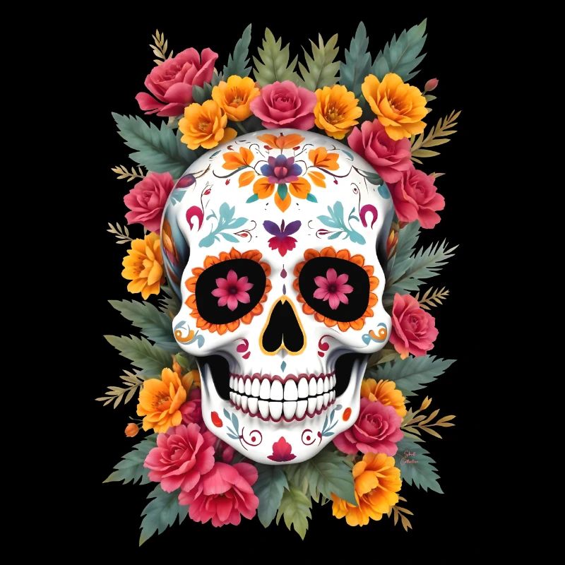 Mexican skull sugar skull calavera flowers