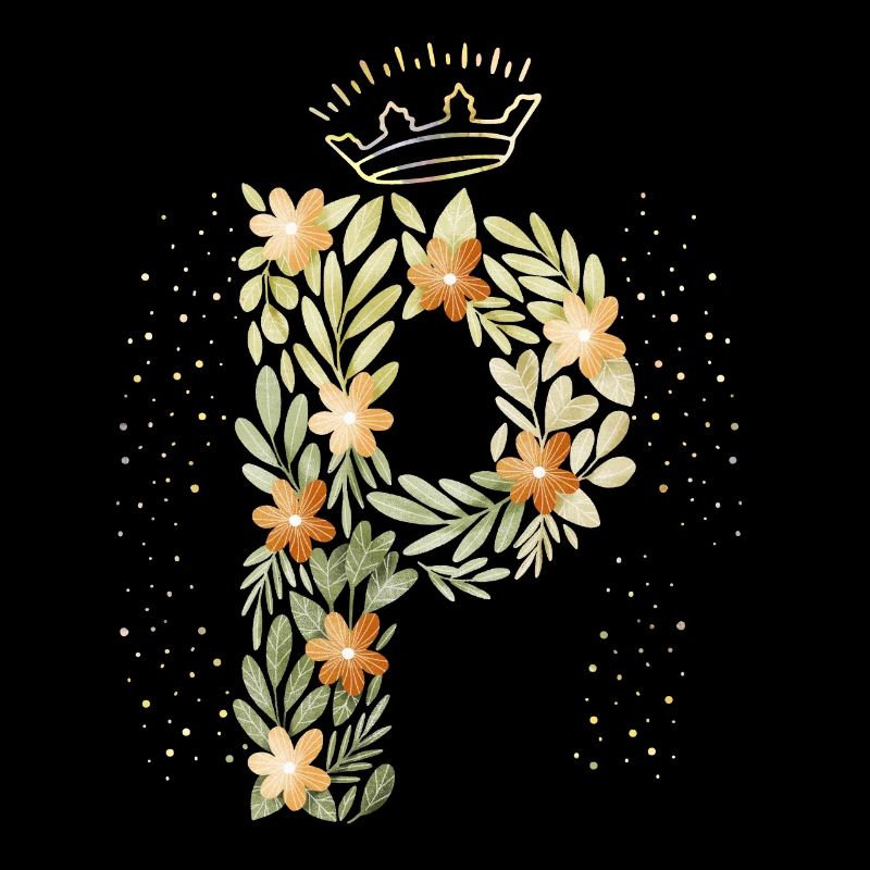 Monogram letter P with crown, floral ornament