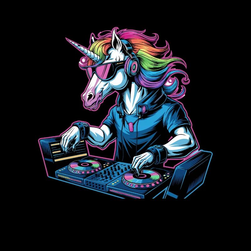 DJ unicorn with rainbow mane and turntables