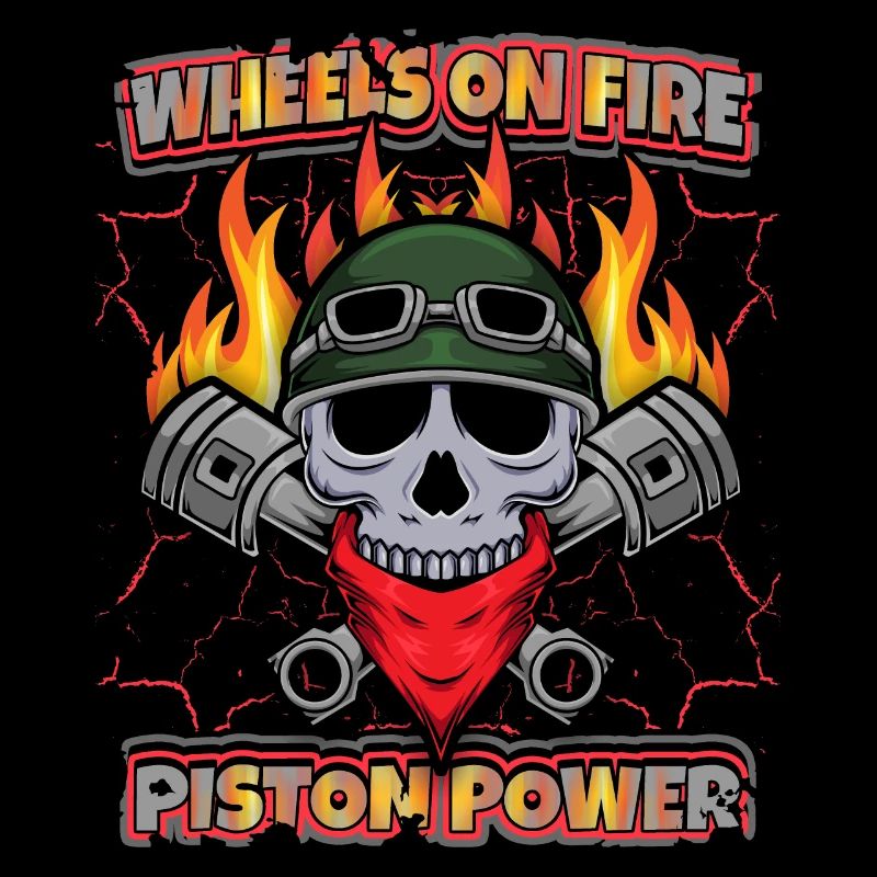Biker skull with piston, motorcyclist saying
