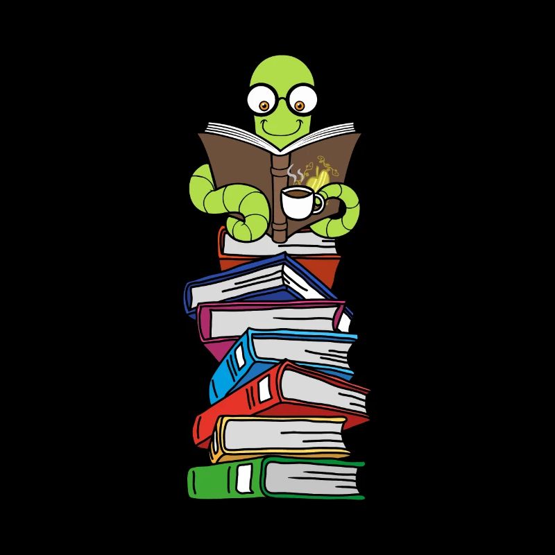 Wurm liest Bücher mit Kaffee