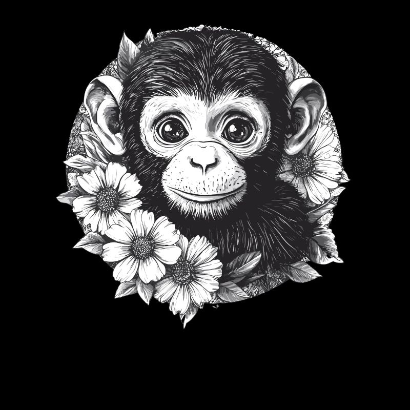Singe noir et blanc avec des fleurs