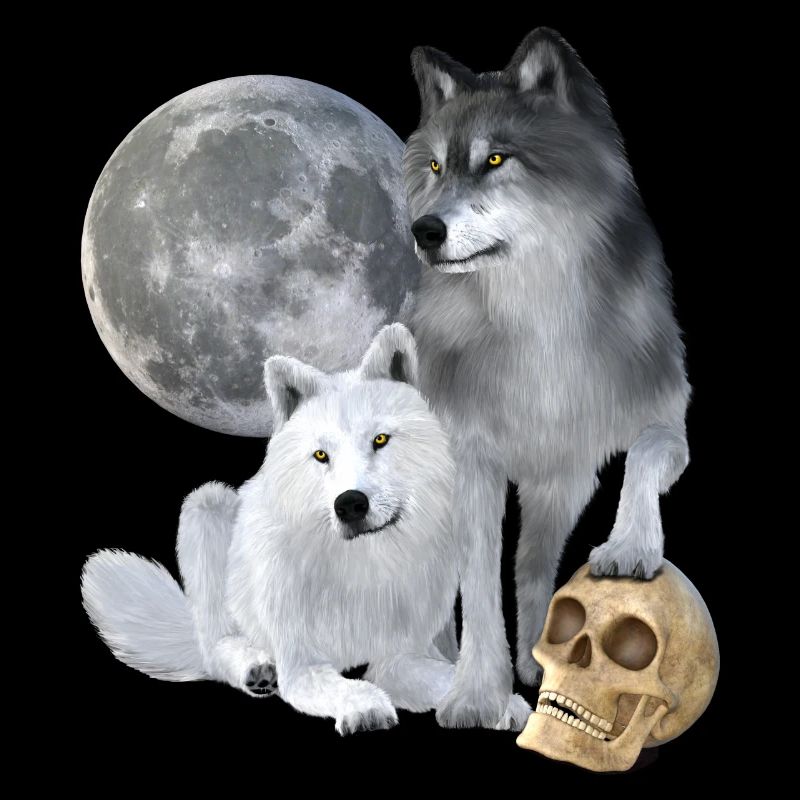 Wolves, white, grey, moon, skull