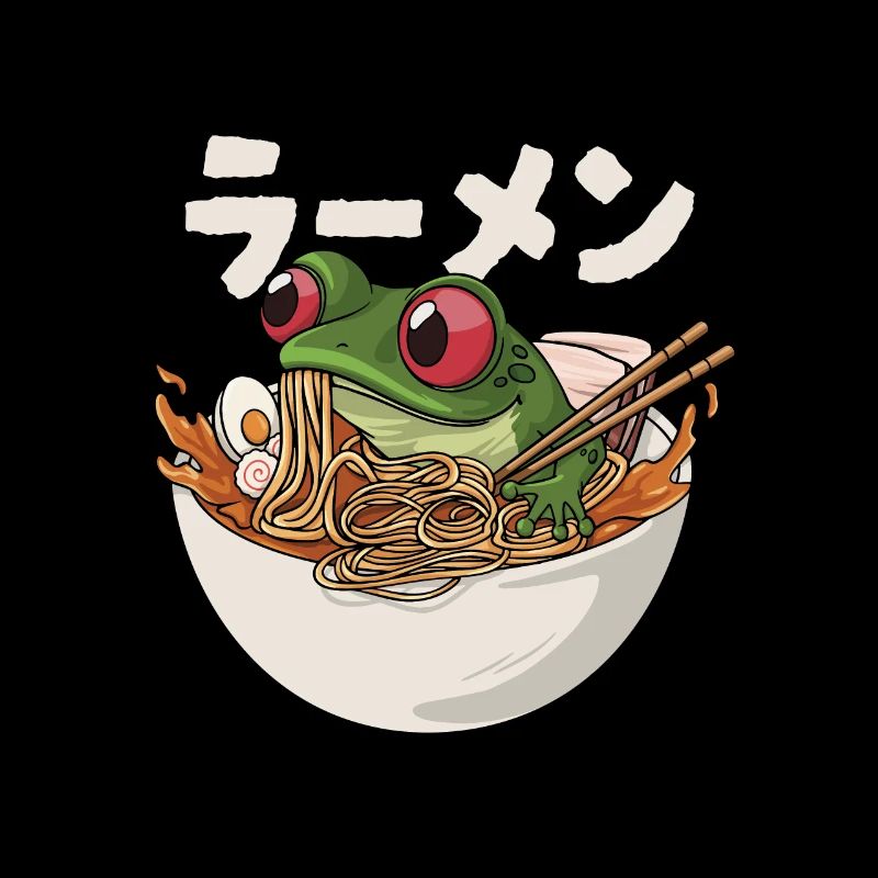 Frog eats Japanese ramen soup