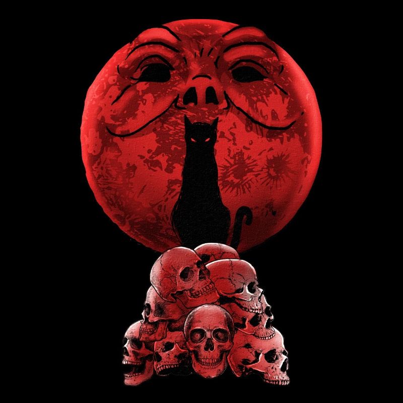 Whimsigoth Red Halloween Cat Skull Full Moon