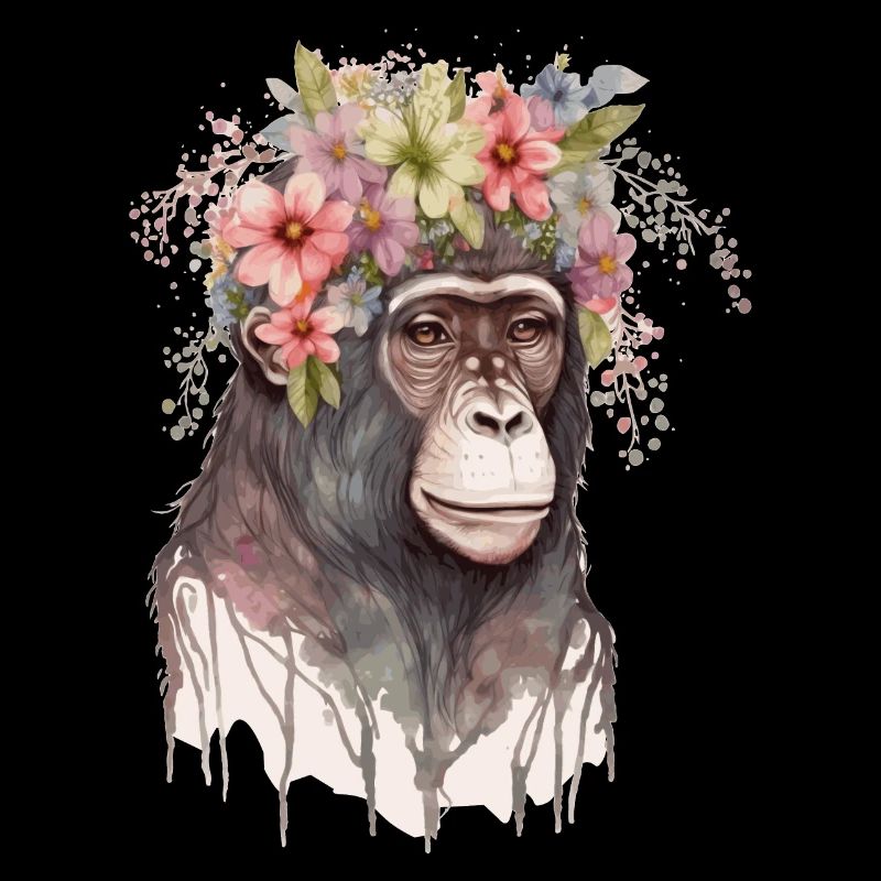 Mignon Singe Couronne Fleur Floral Aquarelle
