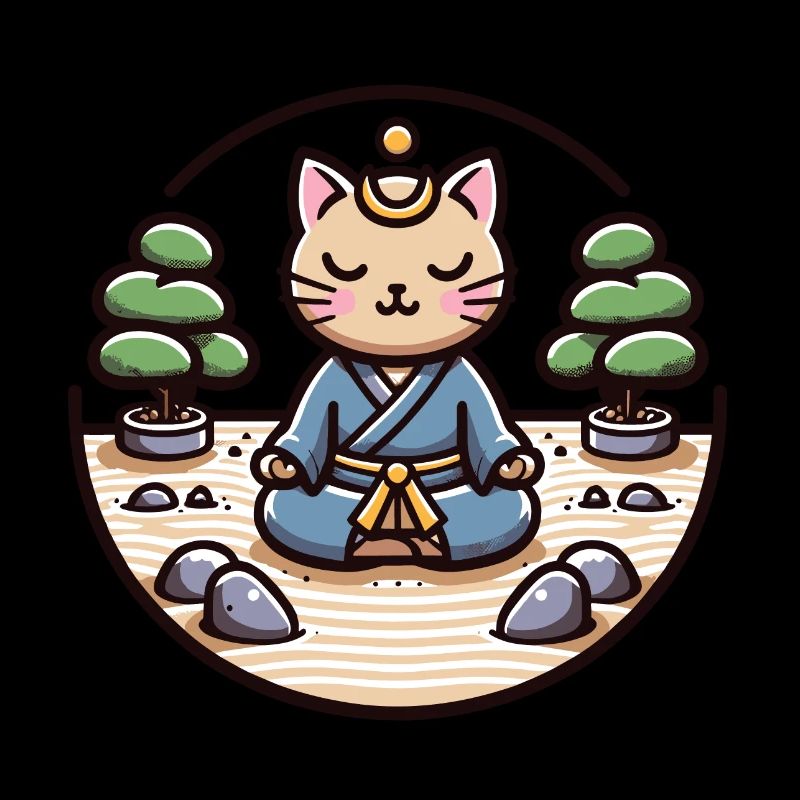 Chat samouraï serein dans un jardin zen