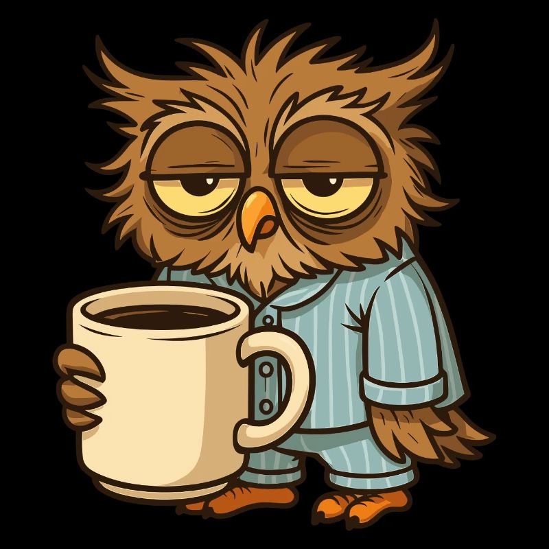 Tired owl with coffee cup
