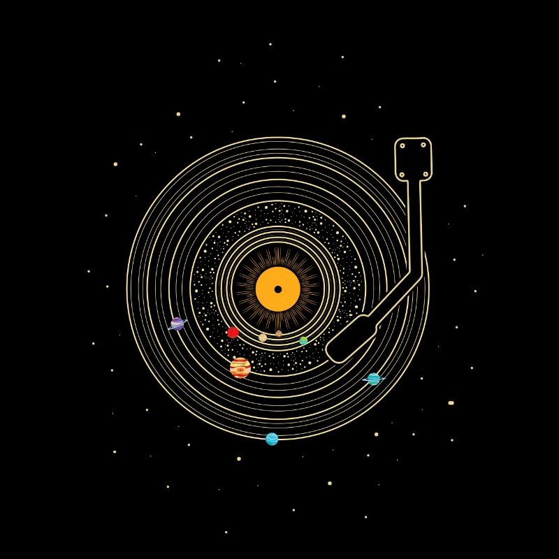 Vinyl Schallplatte als Sonnensystem mit Planeten