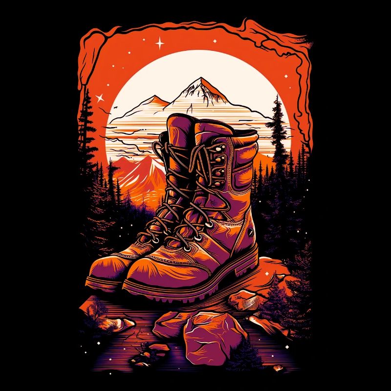 Hiking Boots , camping, flat color background,