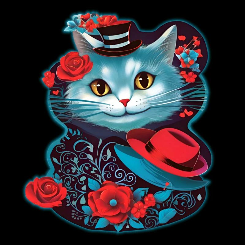 Chat mignon avec chapeau et roses