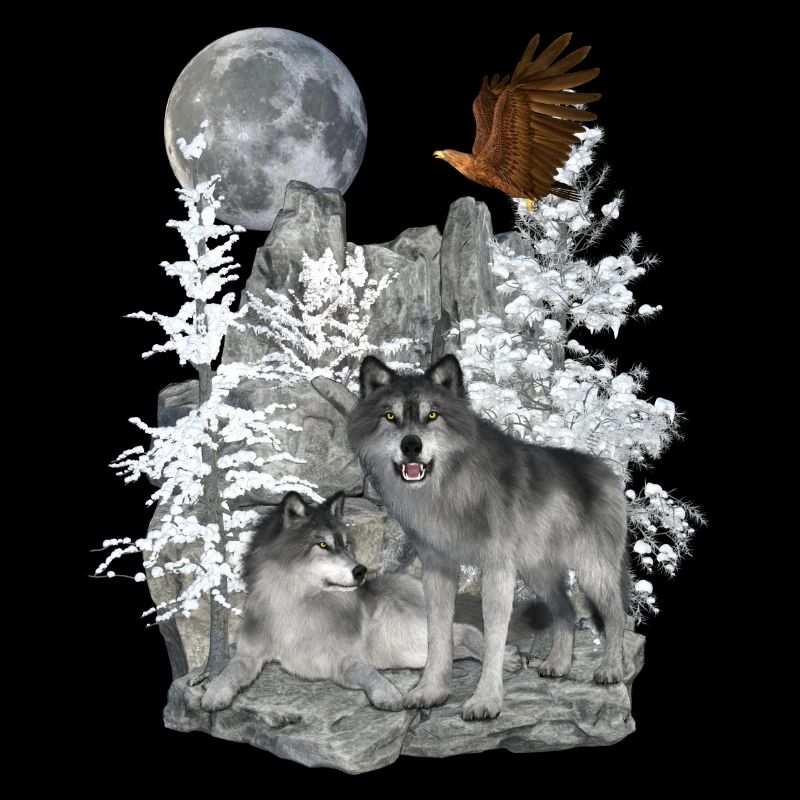 Wolves on rocks with eagle and moon