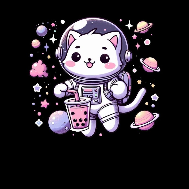 Kawaii Cat Astronaut Bubble Tea in Space