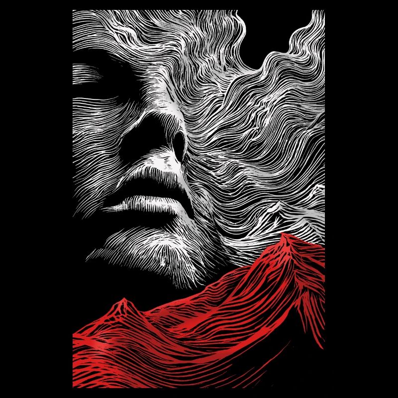 Face lines with red mountain silhouette