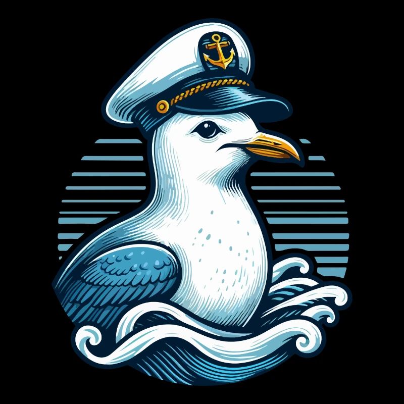 SEAGULL CAPTAIN CAP SEA WAVES MARITIME BLUE ANCHOR