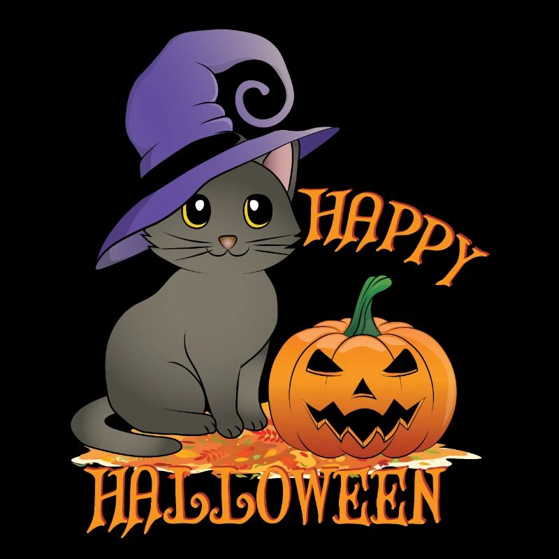 Happy Halloween Cat with Pumpkin and Witch Hat