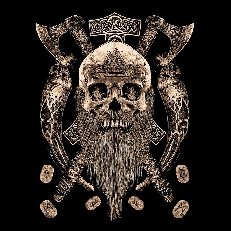 Viking skull with drinking horn and Thorhammer