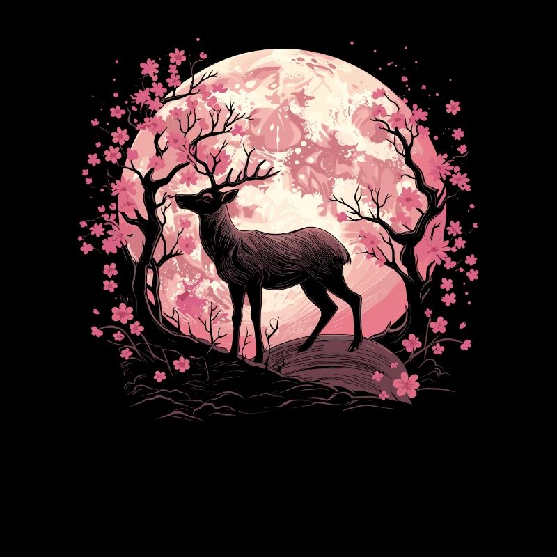 Deer Japan Cherry Blossom Moon