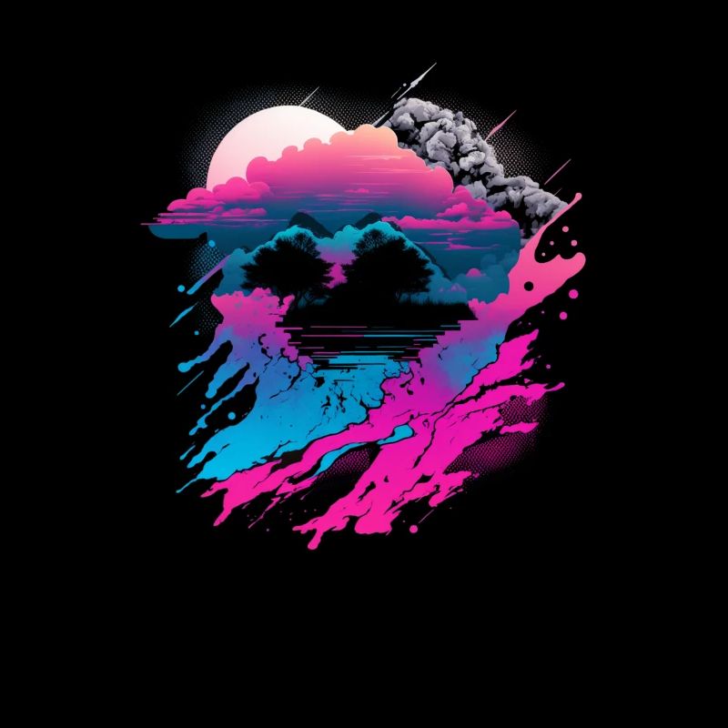 Vaporwave Abstract Landscape Moon Tree Waterfall