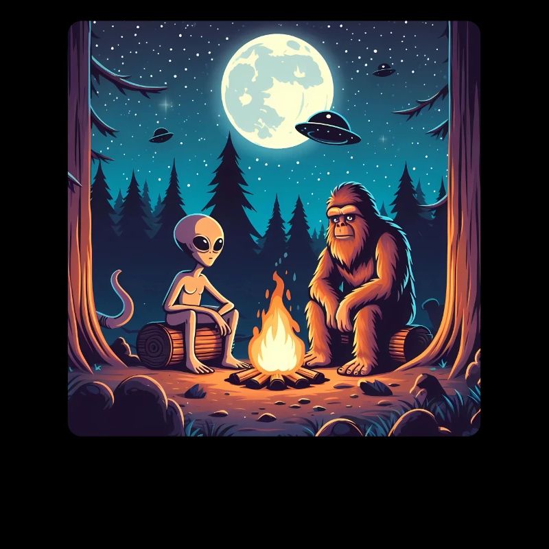 Bigfoot with alien at the campfire