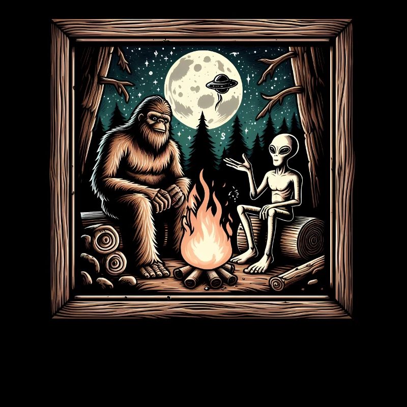 Bigfoot with alien at the campfire