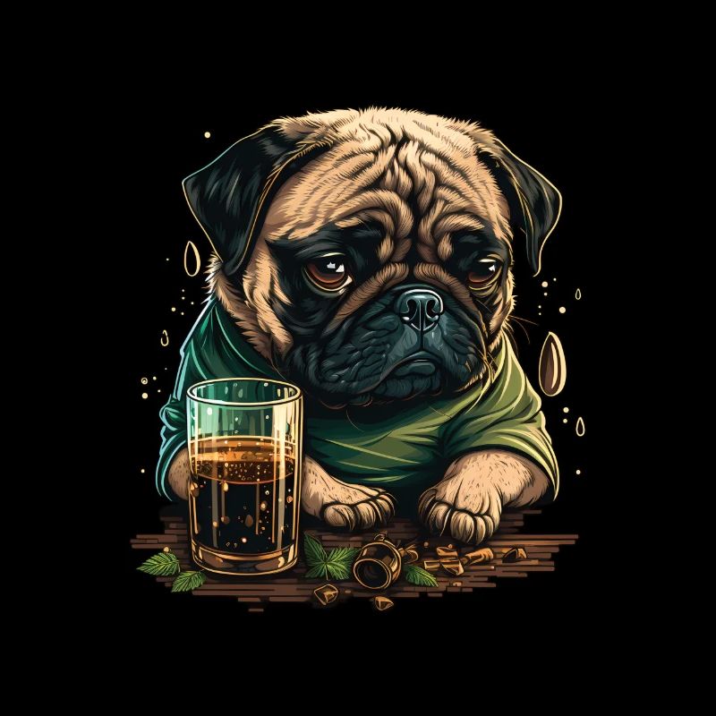 Grumpy Pug drinks whiskey