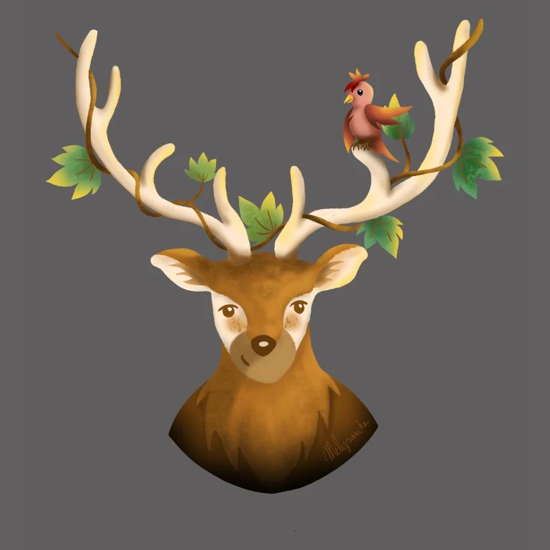 Hirsch oder Waldrentier mit Vogel und Efeu