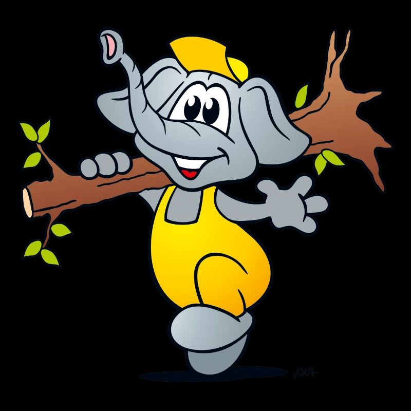 Comic Elefant trägt lachend einen Baum