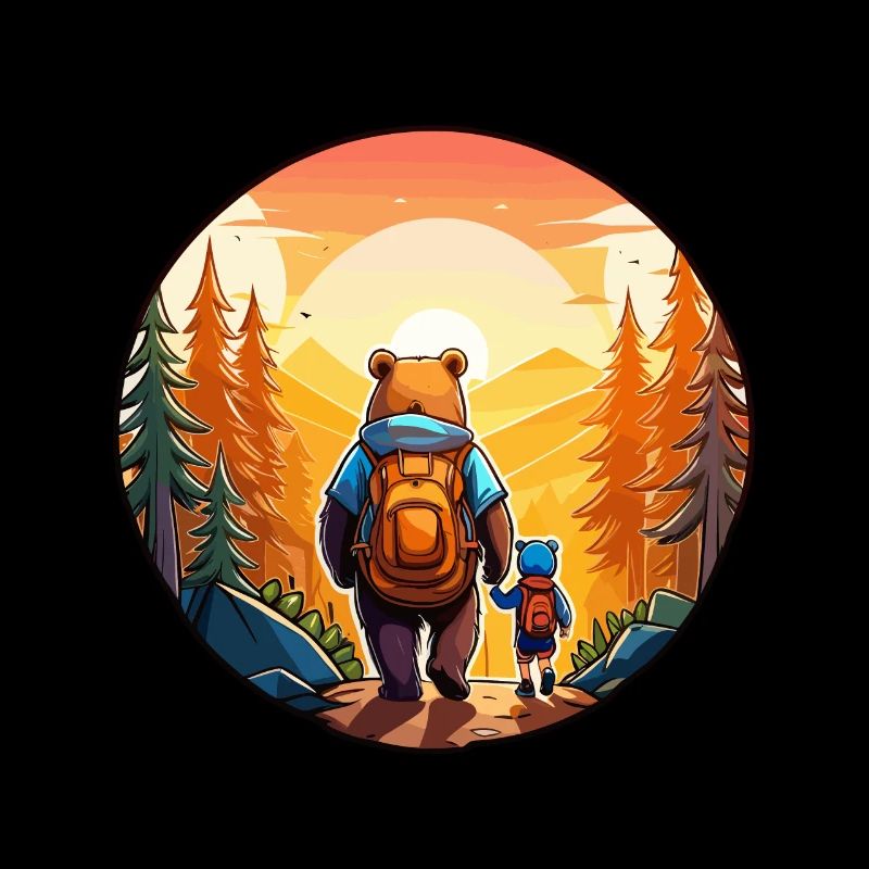 Père ours et fils marchant au coucher du soleil