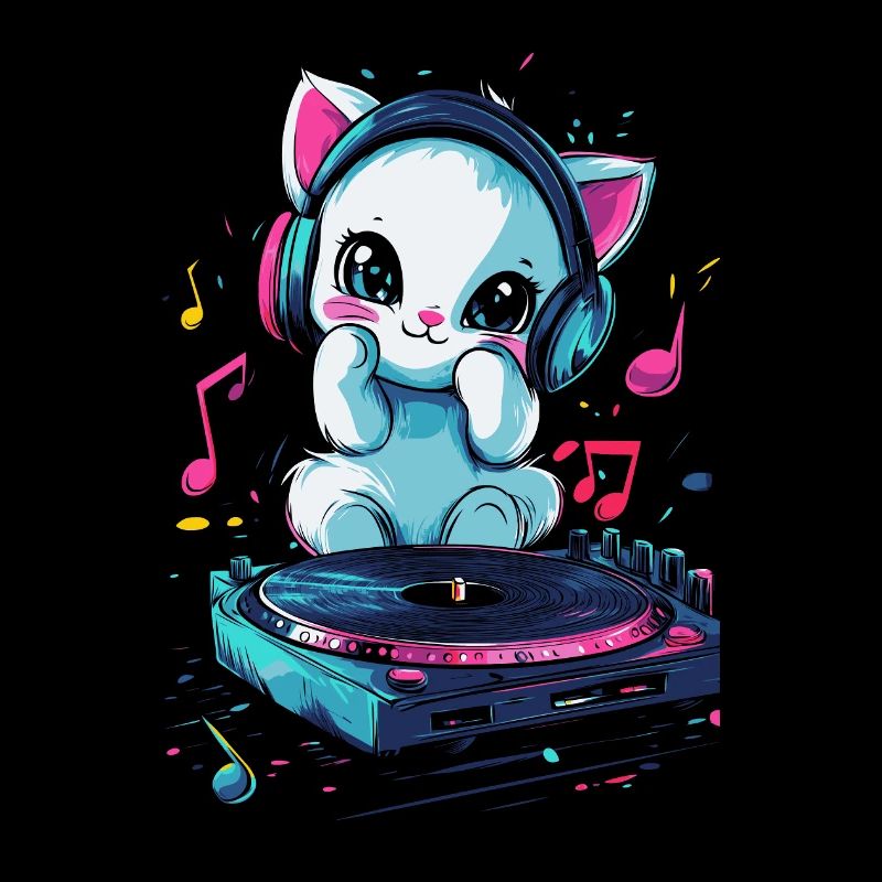 Chat mignon avec des écouteurs et un disque vinyle