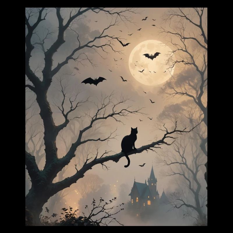 Silhouette de chat noir d’Halloween et chauves-souris