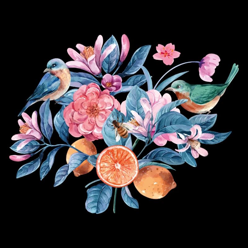 Bunte Blumen und Vögel