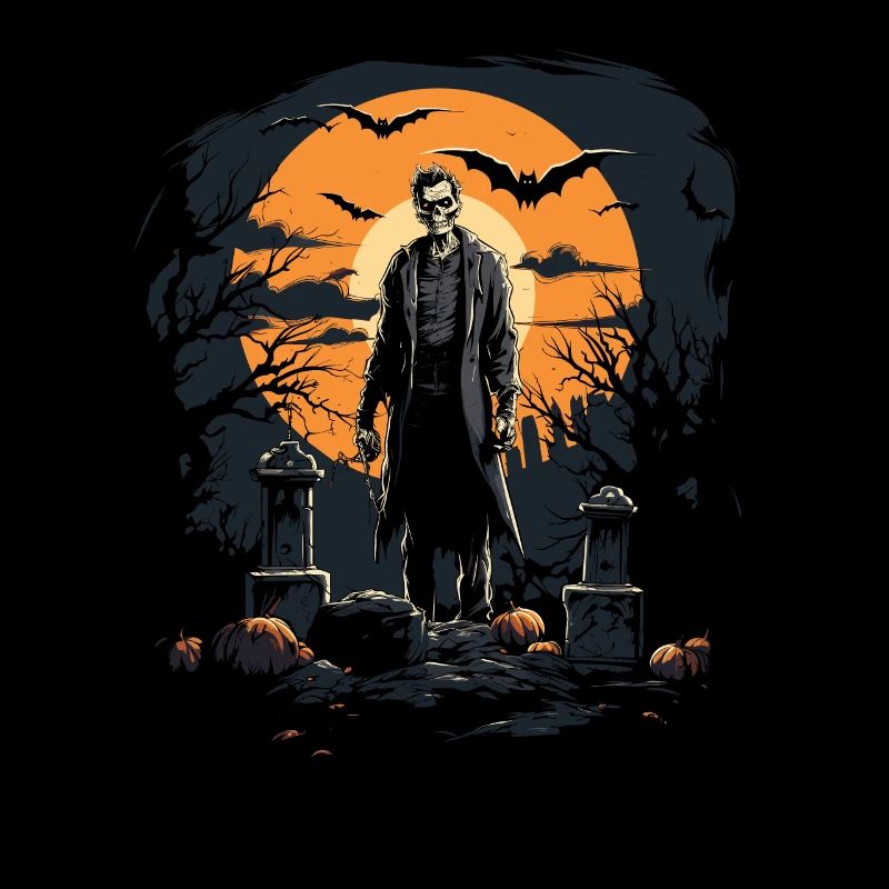 Skeleton zombie on abandoned cemetery under the moon