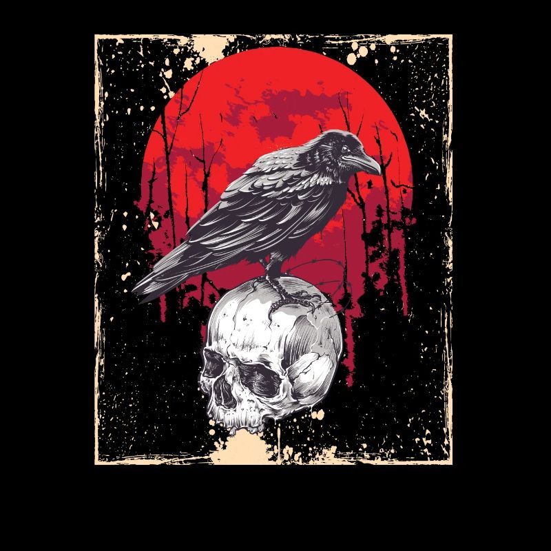 Gothic Skull-Red Moon-Black Crow