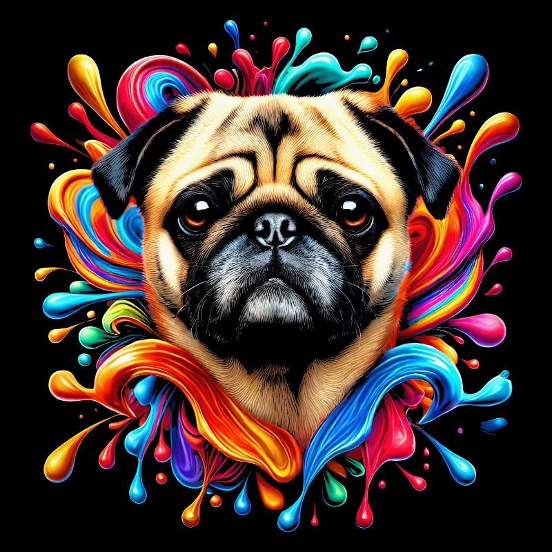 Süßer Mops mit bunten Farbklecksen
