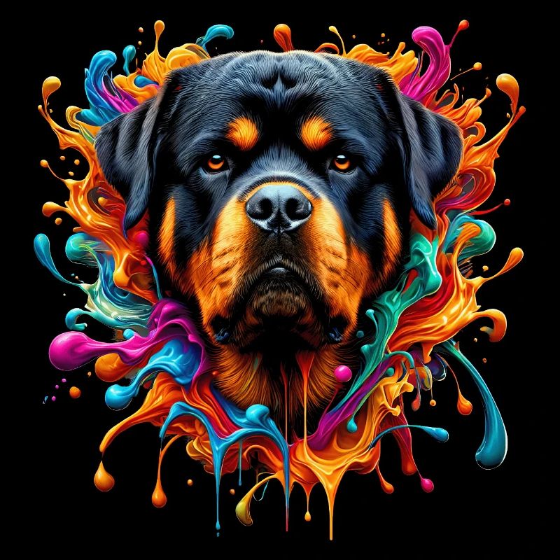 Süßer Rottweiler mit bunten Farbklecksen
