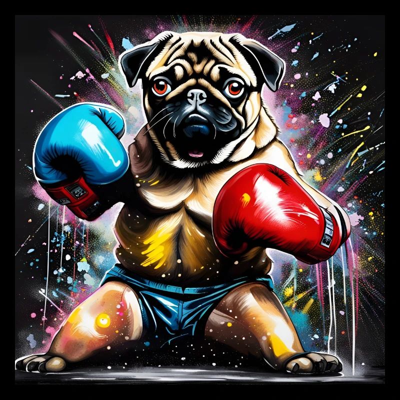 Mops als Boxer in Boxhaltung