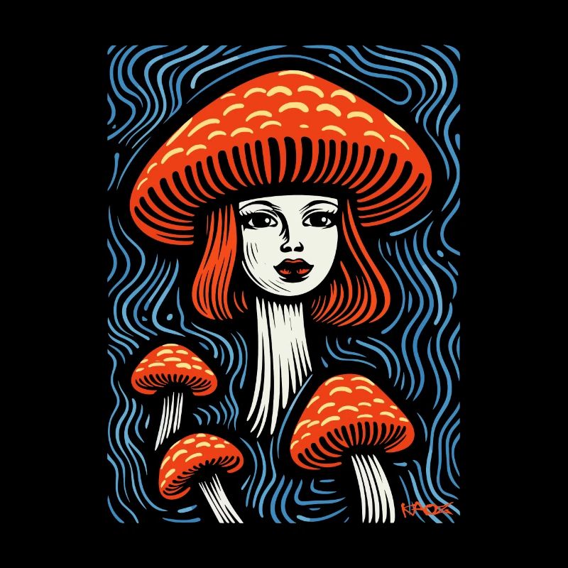 Une dame à tête de champignon avec des champignons