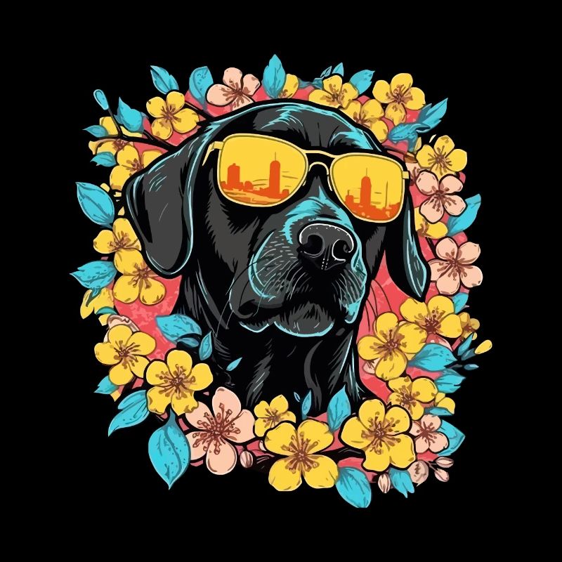 Schwarzer Labrador Hund Und Blumen Bunt