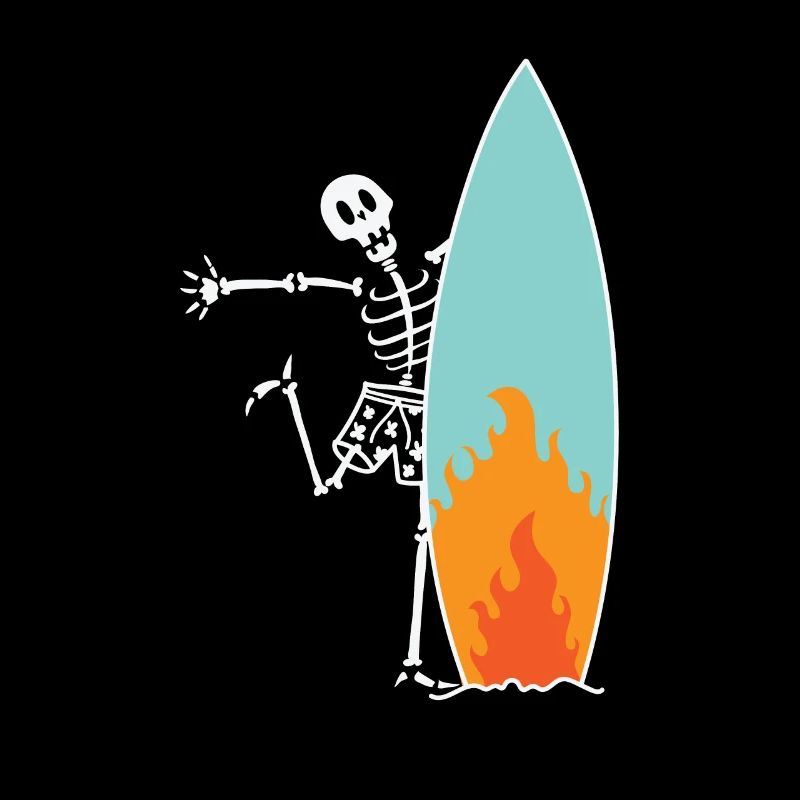 Skelett mit brennendem Surfbrett surfen