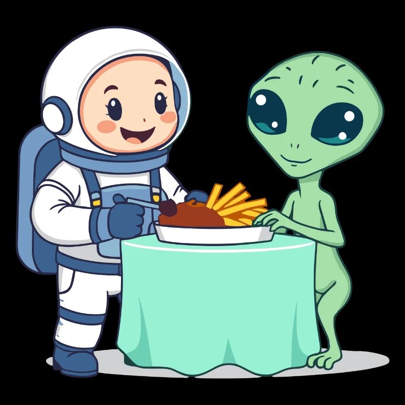 Astronaut and alien at dinner