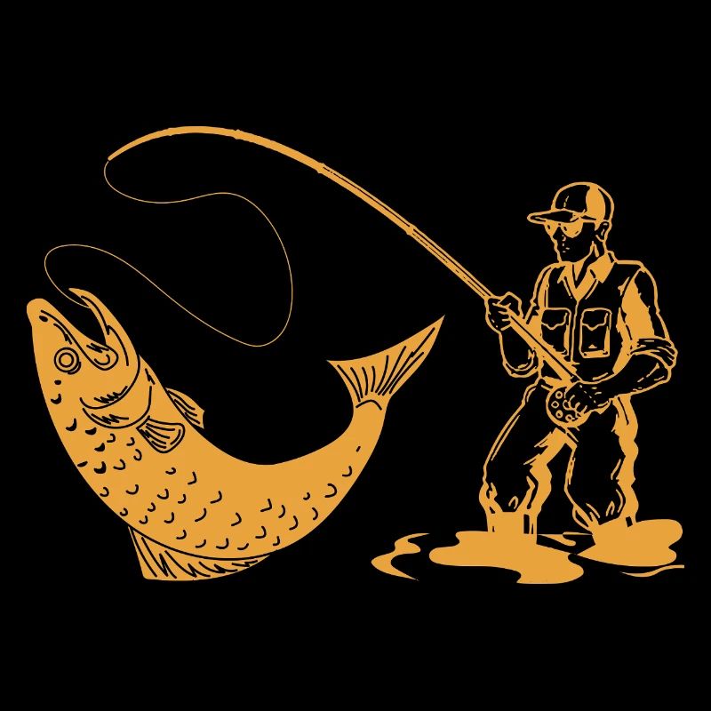 Silhouette de pêcheur avec canne à pêche et truite