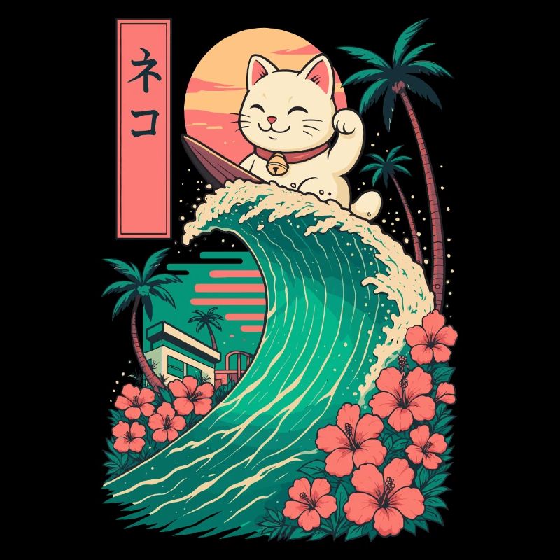 Chat Katze Animal Japonais Surf Fleur Coucher de soleil