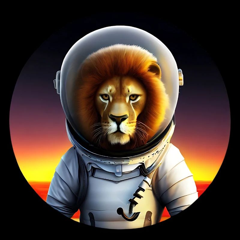 Lion astronaute au coucher du soleil